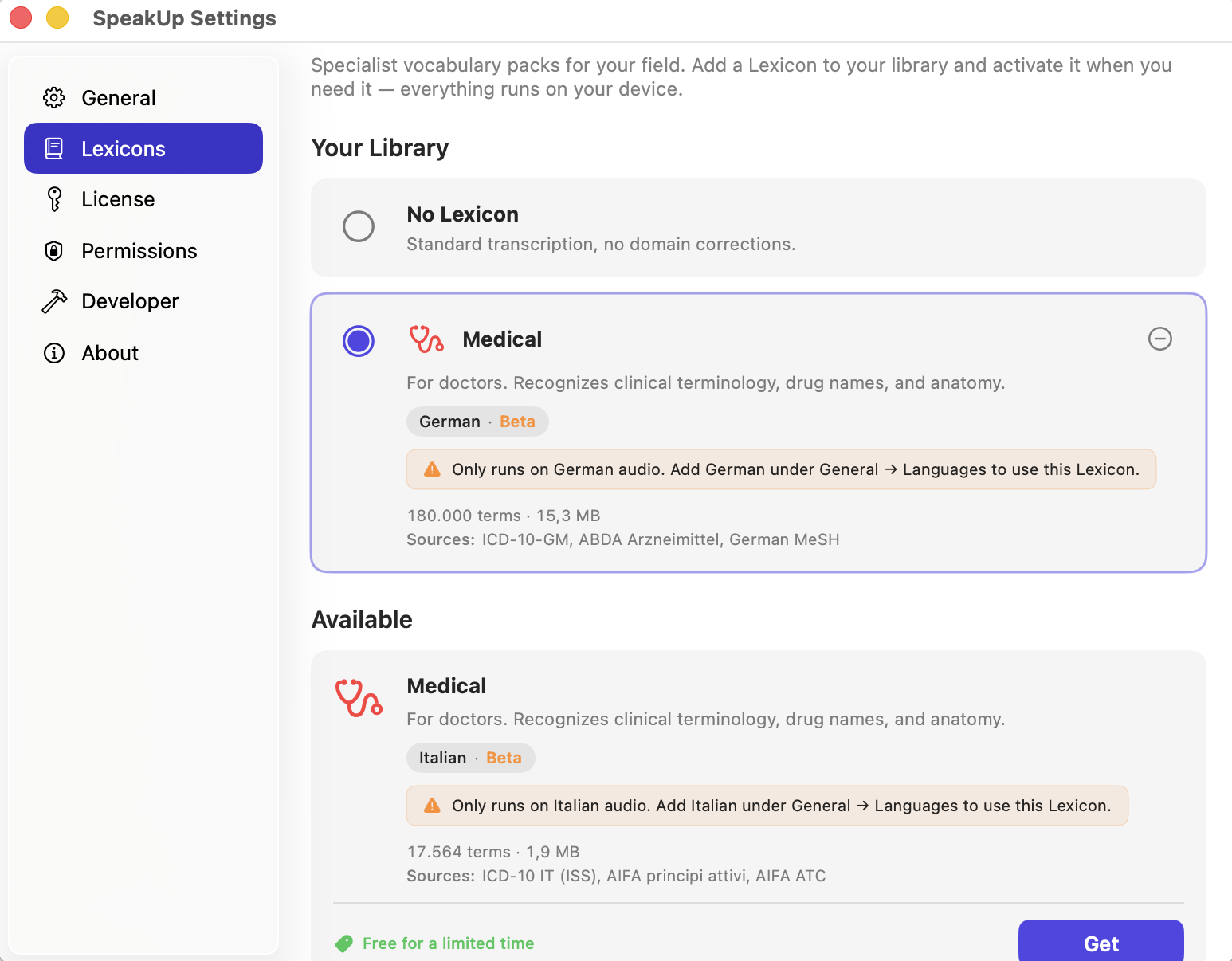 SpeakUp Settings with the Medical (German) Lexicon active — 180,000 clinical terms from ICD-10-GM, ABDA Arzneimittel, and German MeSH