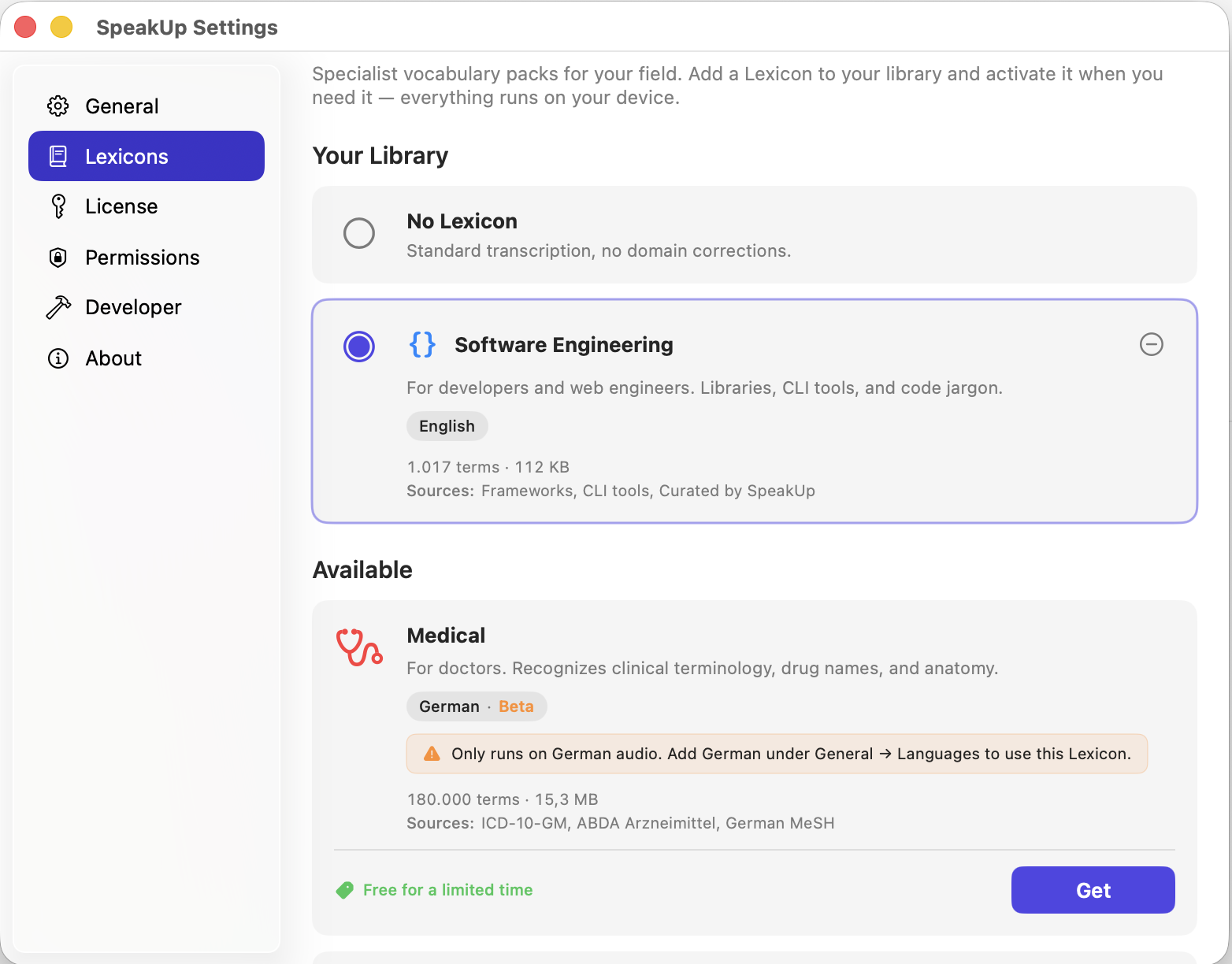 SpeakUp Settings showing the Software Engineering Lexicon active — English, ~1,000 curated framework, CLI, and infra terms