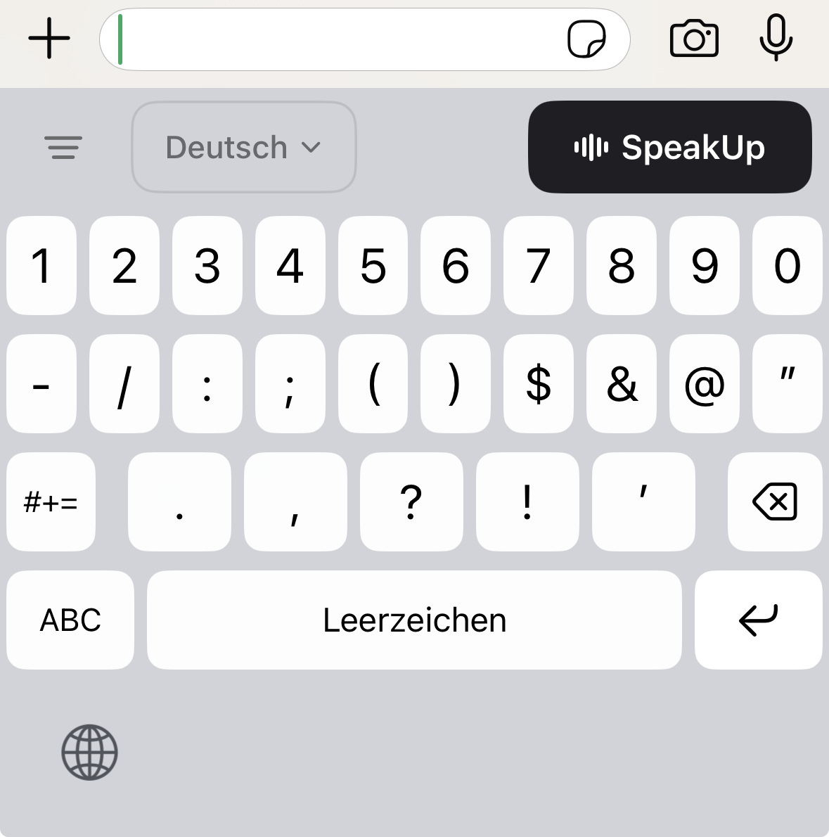 SpeakUp keyboard on iPhone — custom keyboard with SpeakUp mic button and language selector